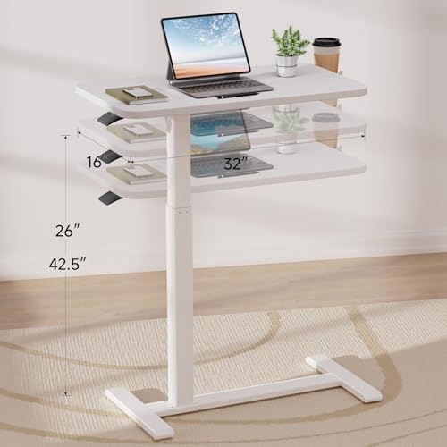 GTPLAYER Small Standing Desk with Hidden Wheels, Pneumatic Mobile Rolling Laptop Desk, Adjustable Height Overbed Bedside Table Computer Workstation for Home Office (32" W x 16" D, White)