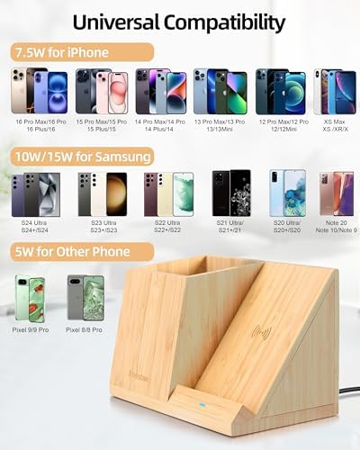 3-in-1 Bamboo Wireless Charger with Desk Organizer, Pen Holder for Desk