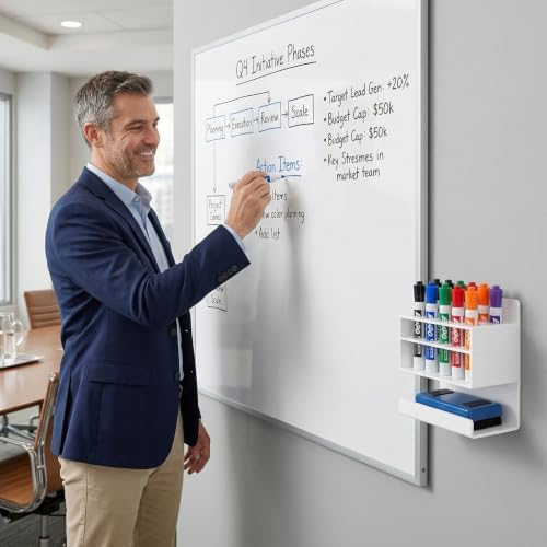 MyGift Dry Erase Marker Holder 10 Slots Whiteboard Marker Holder For Wall Dry Erase Eraser Holder Wall Mount White