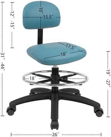 FSS Series Square seat (19"-27") seat Height Chair. Vinyl-for Office, Garage, Desk, Shop, Computer, Doctor, Medical, Easy to Clean! 18" Footring (Aqua, Mid Stool, Self Braking Casters)