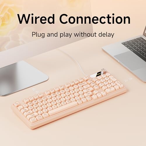 EWEADN Wired Creamy Keyboard with Number Pad, Media Knob, RGB Backlit-Cream
