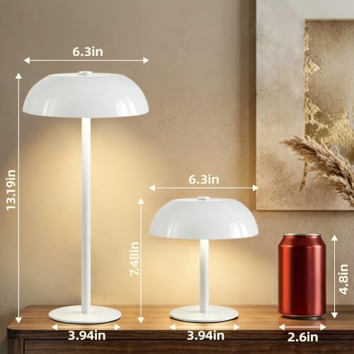 2 Pack Portable LED Mushroom Table Lamp, 12H Cordless Metal Night Light with Rechargeable Battery, Stepless Dimmable 3 Colors Desk Lamp for Bedroom Bar Coffee Shop(White)