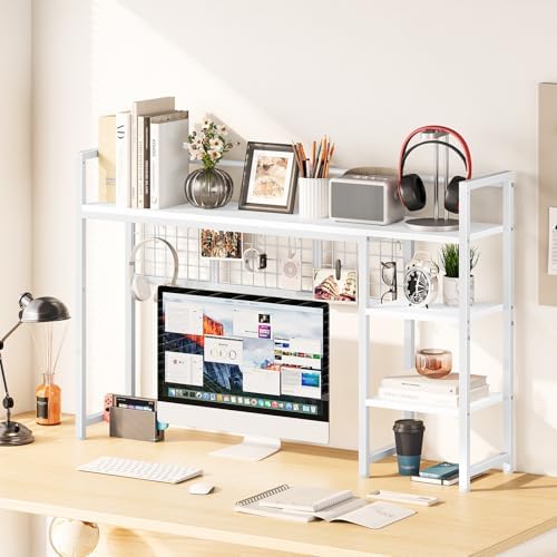 Snughome Desk Shelf, 44.9" Desktop Organizer Shelf, Desk Hutch for Computer Monitor, 4 Tier Desk Display Rack with Pegboard Hooks Set, Wood Desktop Bookshelf for Home Office Dorm