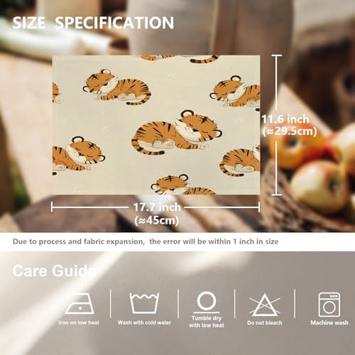 Cute Tiger in Tan Linen Placemats, Sleeping Tigers Pattern Table Mats for Table Washable Heat Insulation Thick Dining Mat, Indoor/Outdoor 12X18 in 4 Pcs