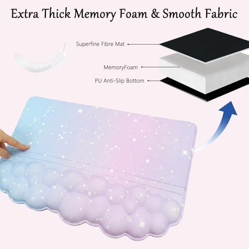 Computer Keyboard Stand Pad with Wrist Rest Purple Blue Cloud Keyboard Pad Support with Comfortable Galaxy Stars Wrist Pad Cute Girl Ergonomic Tilted Keyboard Riser Holder for Desktop Office Home
