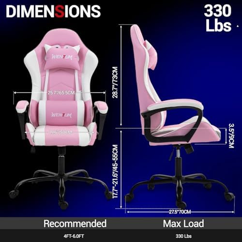 Massage Gaming Chair, Ergonomic PC Desk Chair with Headrest and Massage Lumbar Support, Video Game Chair w/Height Adjustable High Back for Home Office, Pink