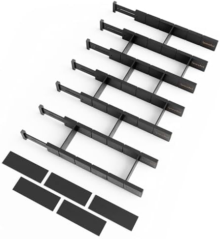 SpaceAid Bamboo Drawer Dividers with Inserts and Labels, Kitchen Adjustable Drawer Organizers, Expandable Organization for Home, Office, Dressers, 7 Dividers with 15 Inserts (17"-22" Black)