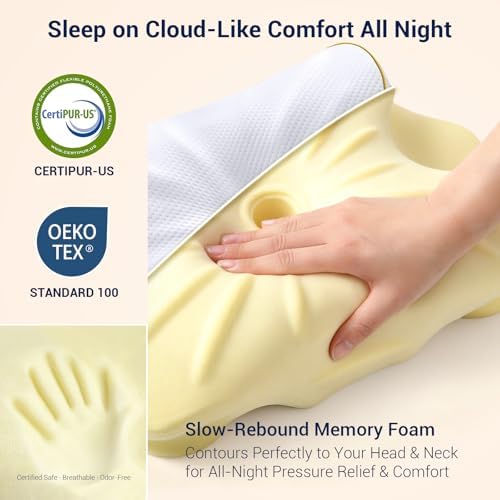 AZBESTPRO Memory Foam Cervical Pillow for Neck Support & Pain Relief, Butterfly Ergonomic Design – 24×15.75×5.7 Inches, Removable 100% Polyester Pillowcase, Suitable for Side & Back Sleepers (Gold)