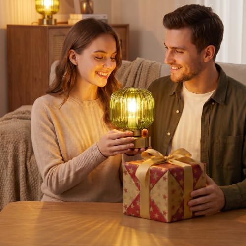 Elenhome Green Touch Glass Table Lamp, 3-Way Dimmable Bedside Lamp, Vintage Mid-Century Modern Small Nightstand Lamp for Bedroom and Living Room, Ambient Mood Lighting, LED Bulb Included