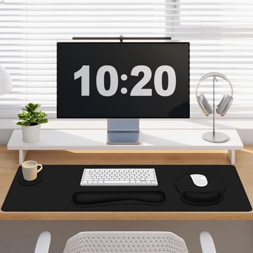 Mouse Pad Desk Pad Protector, Keyboard Wrist Rest + Mousepad Wrist Rest +Coaster, Large Gaming Mouse Pad for Computer Keyboard Desks Laptop, XXL Desk Mat Writing Pad for Office and Home, Cool Black