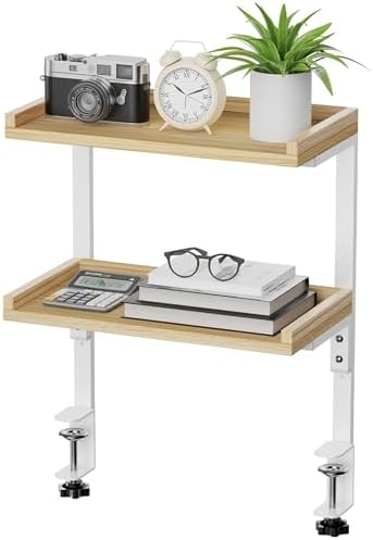 Clamp On Desk Shelf 2-Tier, 12.6 inch Wood Shelving Unit for Office Desk/Gaming Accessories, Tabletop Book Storage Rack, Shelf for Top & Under of Desk, Natural