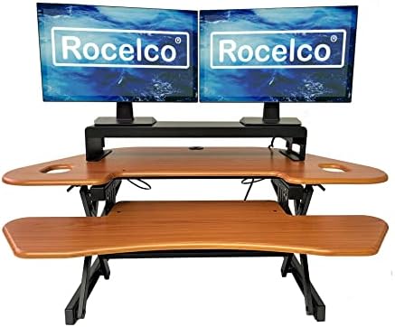 Rocelco 46" Height Adjustable Corner Standing Desk Converter with Dual Monitor Stand Bundle - Sit Stand Up Computer Workstation Riser - Extra Large Keyboard Tray - Teak Wood Grain (R CADRT-46-DMS)