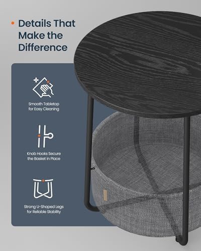 SONGMICS HOME Small Side Table, Round End Table, 2 Tier Nightstand with Basket, U Shaped Steel Legs, Easy Assembly, for Living Room, Bedroom, Black and Gray