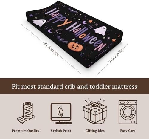 Halloween Pumpkin Bats Fall Holiday Moon Stars Pattern Baby Changing Pad Cover, Unisex Halloween Nursery Diaper Changing Table Pad Mat Sheet for Boys Girls-16x32