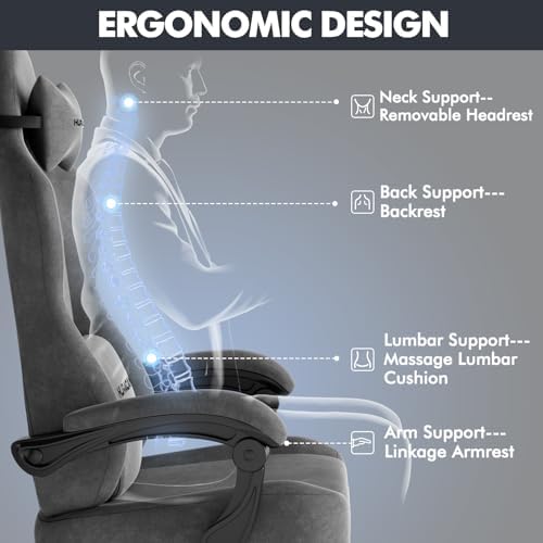 Soontrans Dark Grey Velvet Fabric Gaming Chair for Adult, Ergonomic Comfortable Video Gamer Chair with Footrest, Reclining Office Computer Desk Game Chairs with Massage Lumbar Cushion,Headrest