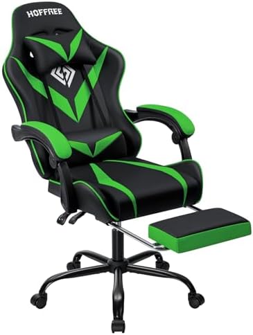 Gaming Chair with Massage Footrest Ergonomic Computer Chair for Boys-Green