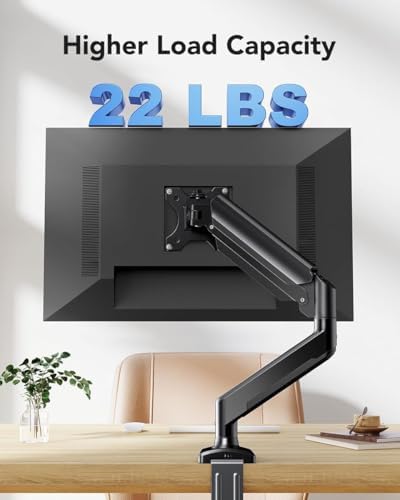 Single Monitor Arm, Adjustable Gas Spring Desk Mount for 13–32" Screens, VESA 75/100 Compatible, Heavy-Duty C-Clamp & Grommet Base, Supports 4.4–22 lbs