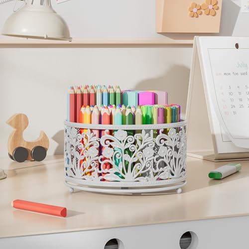 EKNITEY Rotating Mesh Desk Organizer - 4 Slots Cute Pen Pencil Holder Caddy