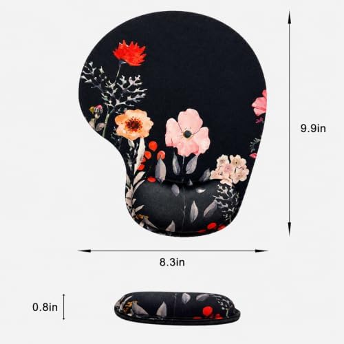 Mouse Pad with Wrist Support, Ergonomic Mouse Pads with Memory Foam Wrist Rest, Easy Typing Pain Relief, Comfortable Home Office Computer Wrist Support Pads for Working Studying Gaming, Flower Black