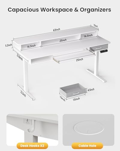 Electric Standing Desk with Keyboard Tray, 63x24 Inches Height Adjustable Stand up Desk with 2 Drawers, Ergonomic Sit to Stand Table with Storage Monitor Stand, White