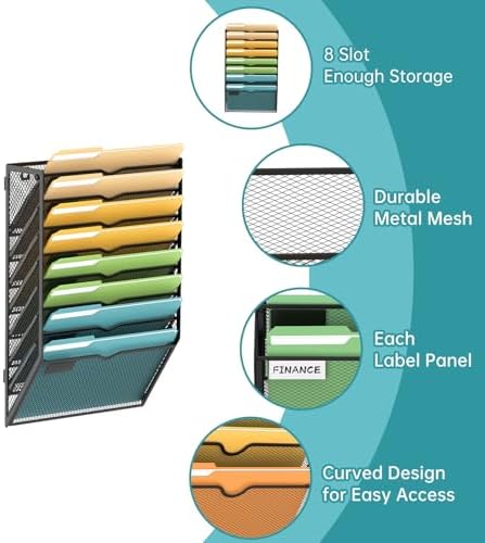 SUPEASY 8 Tier Wall File Organizer, Hanging Wall Mounted Mail Organizer with Label Slots, Metal Mesh File Holder Magazine Rack for Office, Home, School or Classroom, Black
