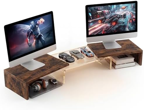 Dual Monitor Riser, Acrylic Monitor Riser, Adjustable Angle & Length Computer Monitor Stand, Wide Desk Shelf for Top of Desk for Home Office_Wood Look Small
