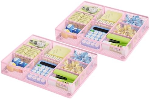Marbrasse Desk Drawer Organizer, Metal Mesh Drawer Organizer Tray with 5 Adjustable Compartments,Desk Organizers and Accessories for Home,Office,Kitchen,Makeup,Vanity (Pink,2Pack)