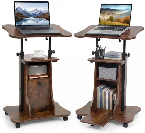 GIANTEX Mobile Podium Stand, Height Adjustable Laptop Computer Cart w/Tilting Top, Storage Cabinet & Lockable Wheels, Church Classroom Lecture, Sit-to-Stand Desk for Home Office (Rustic Brown,2)