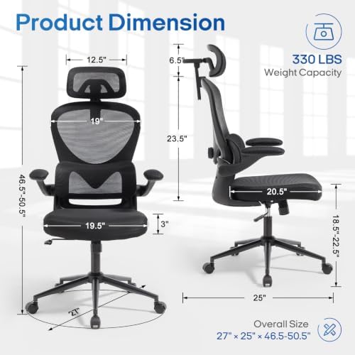 LuxErgo Ergonomic Office Chair, High Back Home Office Chair with 4D Adjustable Headrest & Lumbar Support, 330lbs Capacity Mesh Desk Chairs with Flip-Up Arms, Comfortable Computer Chairs, Black
