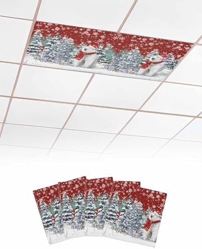 Red Christmas Magnetic Fluorescent Light Covers for Ceiling Lights 2 x 4 Feet,Snowflakes Retro Snowy Pine Tree Bear Office Classroom Kitchen Drop Ceiling Light Covers Filters Shade Panel 4 Packs