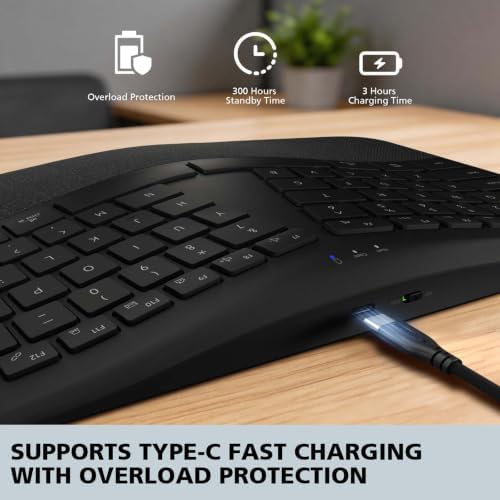 Micropack Split Ergonomic Keyboard Wireless, Multi Device Bluetooth & USB Receiver Connectivity, Rechargeable USB-C Silent Scissor Keys with Palm Support, Compatible with Mac PC Laptop Home Office