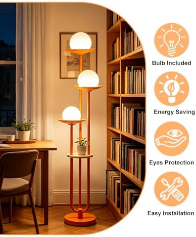 63IN Globe Floor Lamp with Shelf 3-Lights Modern Dimmable Orange Floor Lamps with 3000K Soft Warm White Bulbs for Wedding/Party, Tall Standing Lamp with 5Lbs Heavy Base for Living Room/Bedroom