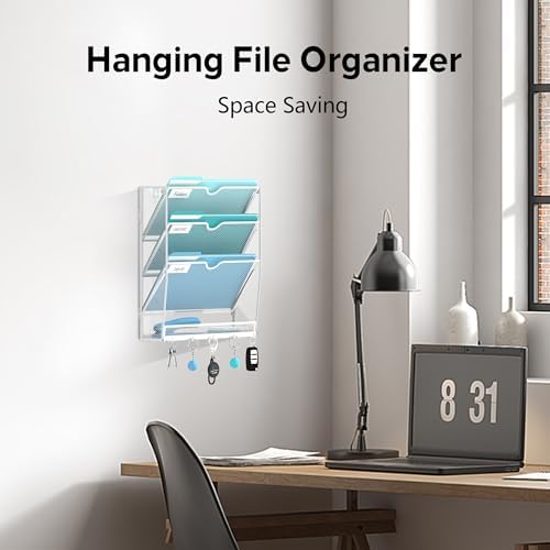 4-Tier Wall File Organizer and Mail Organizer with 5 Hooks, White