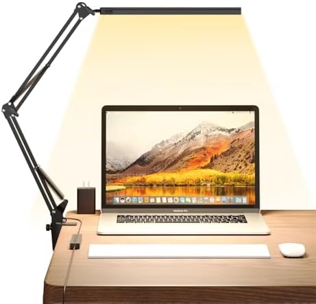 Upgrade Swing Arm LED Desk Lamp with Clamp, 80 LED Beads, 5 Color Modes & 11 Brightness Levels, 360° Adjustable Arm, Eye-Caring Light CRI95, Timer & Memory Function, for Office, Study, Crafting