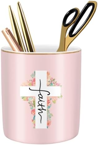 Ceramic Pen Holder for Desk Cute, Pencil Holder Cup, Makeup Brush Holder Pink, Multi-Functional Organizer for Office, Religious Style