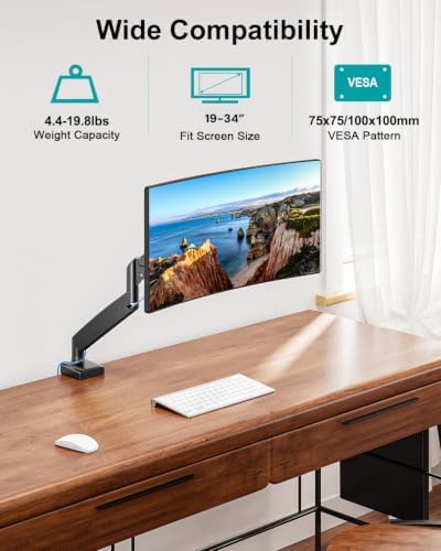 Single Monitor Desk Mount, 19-34 inch Adjustable Full Motion Monitor Arm, Computer Monitor Stand Holder with Clamp and Grommet Base, Fits 4.4 to 19.8lbs Screens, VESA Mount Bracket, Black
