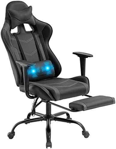 Ergonomic Big and Tall Gaming Chair - Massage Function, Lumbar Support, Footrest & Armrest - PU Leather Racing Style Chair for Adults