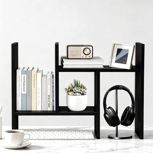 MASAKA B&W - Desk Organizer Aesthetic Shelf, Desktop Bookshelf, Double H Plants Display Shelf, Storage Rack Adjustable Stackable for Office Home Dorm - Perfect for Books, Plants & Decor (Black)