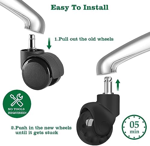 Office Chair Wheels Replacement 2 Inch Rubber Ball Caster Wheels for Wood Floor Carpet Mats, Set of 5, Heavy Duty Desk & Gaming Chair Casters 7/16" (11mm) Grip Ring Stem, Quiet Smooth Rolling (Black)
