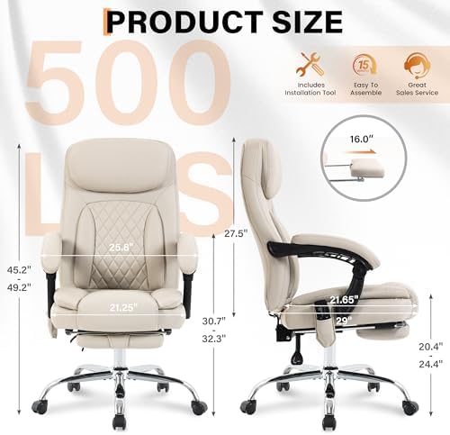 500LBS Massage Office Chair, Reclining 6 Points Vibration and Heat Desk Chair with Foot Rest, Ergonomic Executive Office Chairs, Comfy Wider & Thicker Seat, Big and Tall Gaming Chair, PU Leather Beige