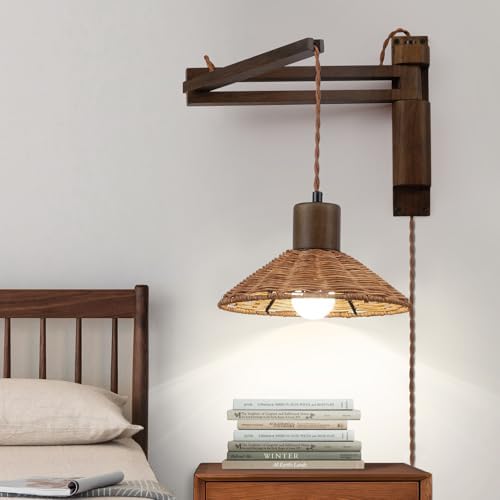 maesta Plug in Wall Lamp, Wood Swing Arm Wall Sconce for Bedroom