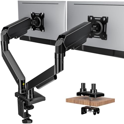 Dual Monitor Stand Adjustable Monitor Desk Mount for 17″–32″ Computer Screens, Full Motion VESA Pattern 75x75/100x100 with C-Clamp & Grommet Aluminum Base, Each Arm Holds 4.4 to 20 lbs HD09B-201
