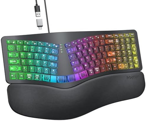 MEETION Wired Ergonomic Keyboard with Backlit Keys and Wrist Rest, Black