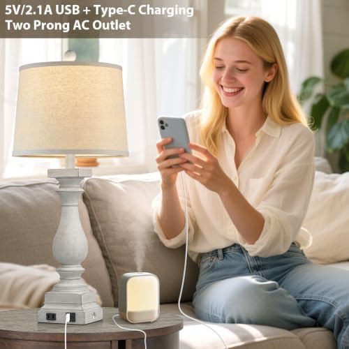28" Tall Farmhouse Table Lamps Set of 2 with USB C+A Ports and AC Outlet, 3 Way Touch Control Rustic Bedside Lamp for Bedroom, White Vintage Nightstand Lamp for Living Room Office
