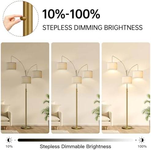 Dimmable Floor Lamp, 3 Lights Brass Arc Floor Lamp, Modern Tall Standing Tree Lamp with Beige Linen Shades & Heavy Base, 3000LM LED Bulbs, Bright Lighting for Living Room, Bedroom, Office & Reading