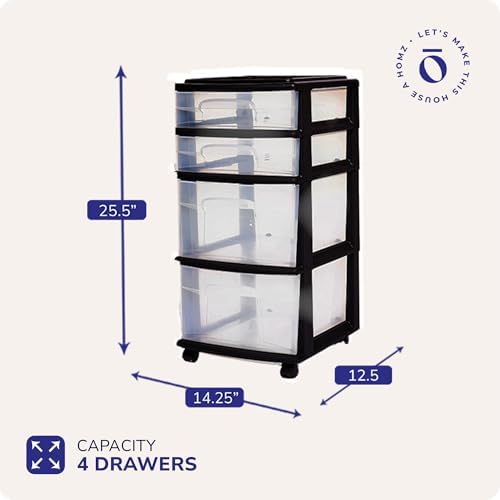 HOMZ Drawer Tower, 4-Tier Storage Cart with Removable Wheels, Black Frame
