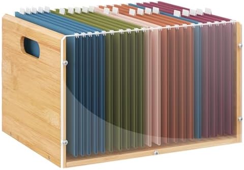 Sbanmao Letter/Legal Bamboo Acrylic File Box Organizer, Hanging File Folder Storage Boxes, Decorative Document Crate Transparent Filing Bin with Handle for Home Office Desk