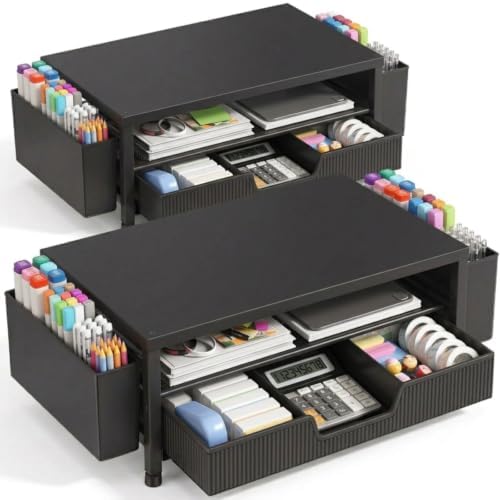 ECOLOVI Desk Organizer and Accessories, 2-Tier Computer Monitor Stand Rise with Storage Drawer & 2 Pen Holders, Laptop & Printer Stand for Desktop, Workspace Organizers for Office Supplies (Black 2-Pack))