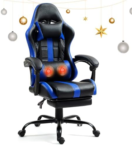 Massage Gaming Chair with Footrest & Lumbar Support, Blue