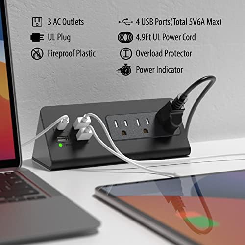 Nightstand Edge Mount Power Strip with USB-C Ports Tabletop Desk Clamp Power Sockets with 3 AC Outlets &4 Fast Charging USB Ports for Home Office Hotel and Dormitory
